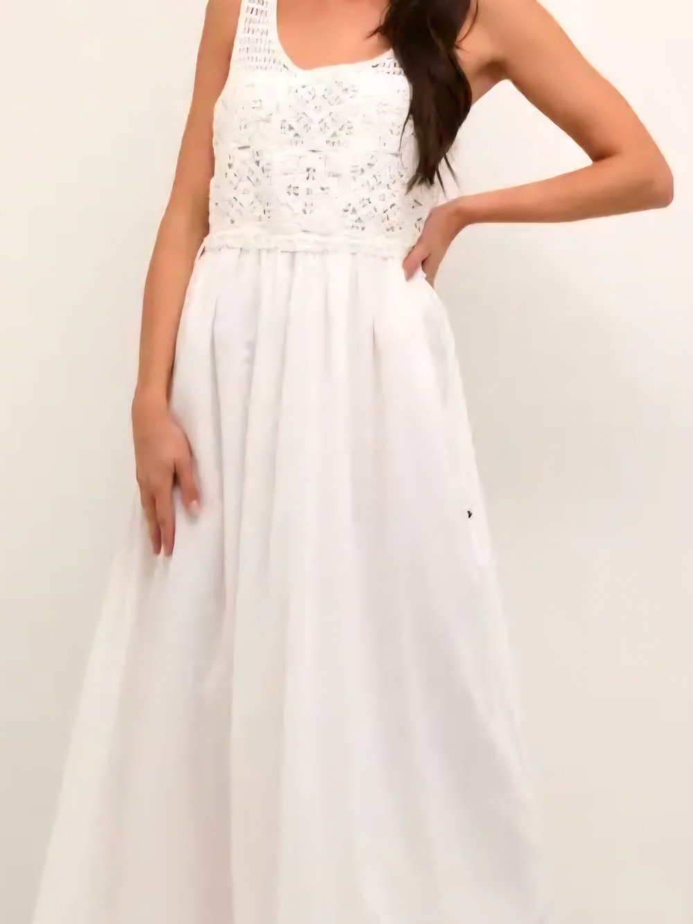 Sleeveless White Crochet Bodice Maxi Dress